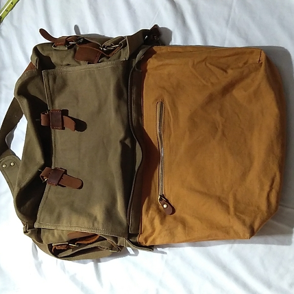 NEW S.C.Cotton Super Spacious Army Green Tan Canvas Leather Trim Messenger Bag - Picture 13 of 16